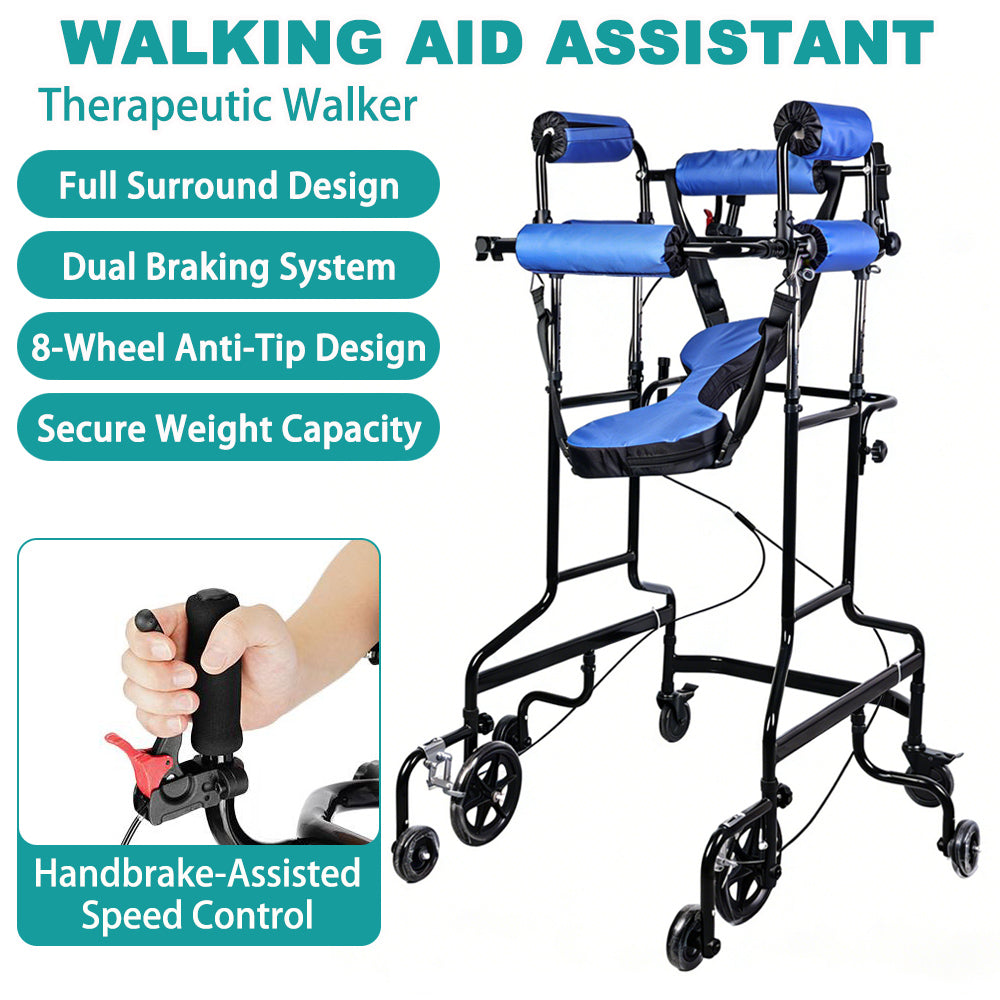 Black steel standing walker with blue padded underarm and chest supports and an eight-wheel base, with an inset close-up of a hand squeezing the red handbrake lever