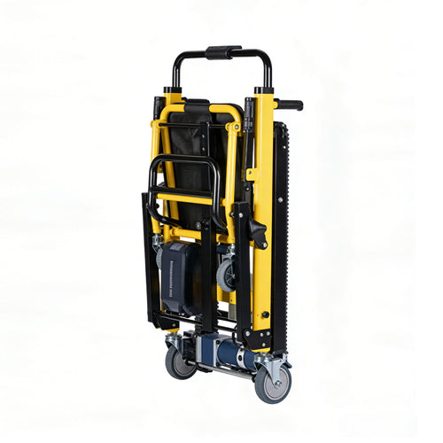 Yellow and black stair climbing wheelchair shown folded upright with the rubber track, battery pack and pull handle visible, on a white background