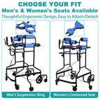 Comparison of the standing walker fitted with the men's suspension sling on the left and the women's contoured seat on the right, with close-ups of each detachable seat