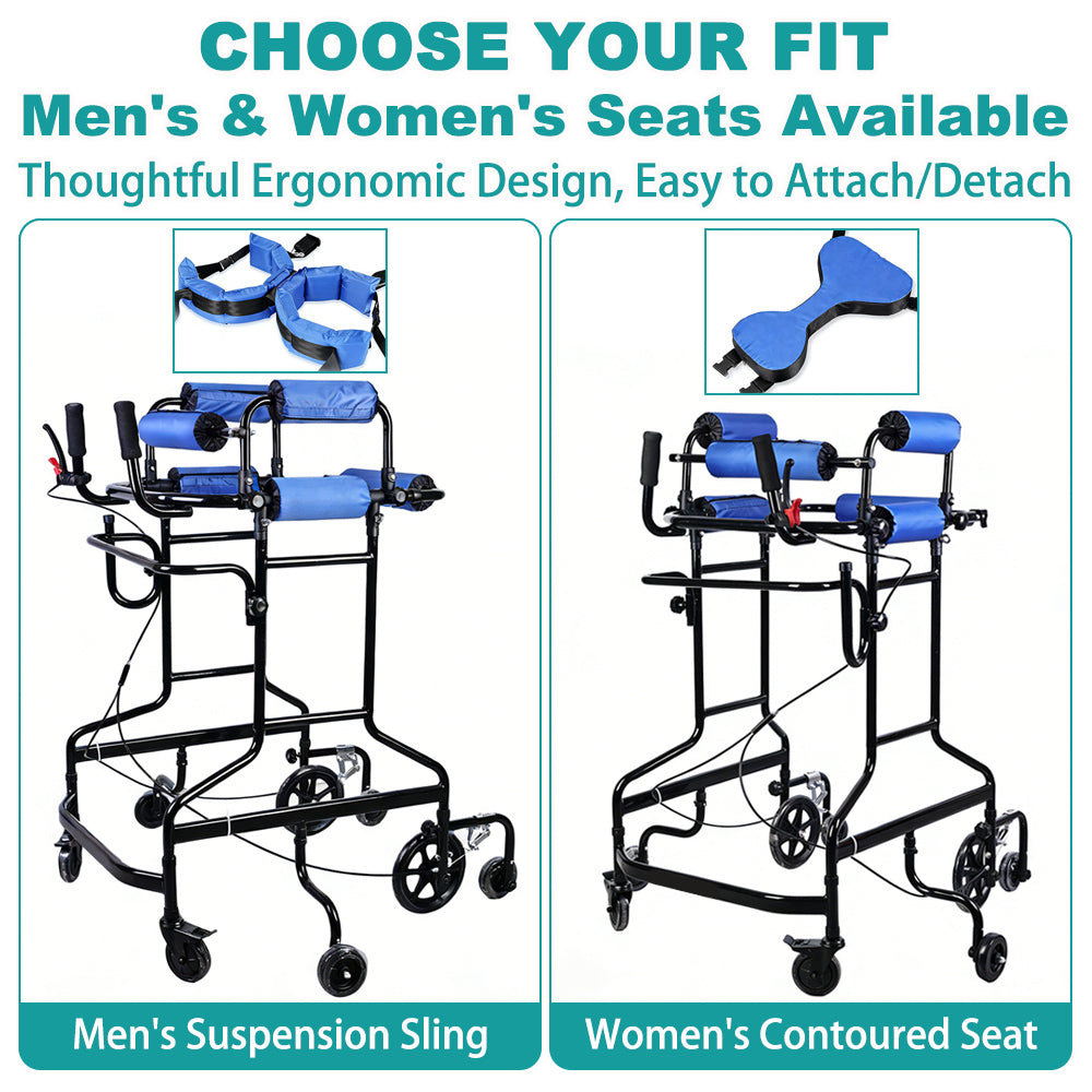 Comparison of the standing walker fitted with the men's suspension sling on the left and the women's contoured seat on the right, with close-ups of each detachable seat