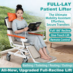Woman reclining in the full-lay patient lifter on a grassy background, with call-outs for full 180-degree recline, one-touch lift and remote control, and use cases for bathing, toileting, resting and outings