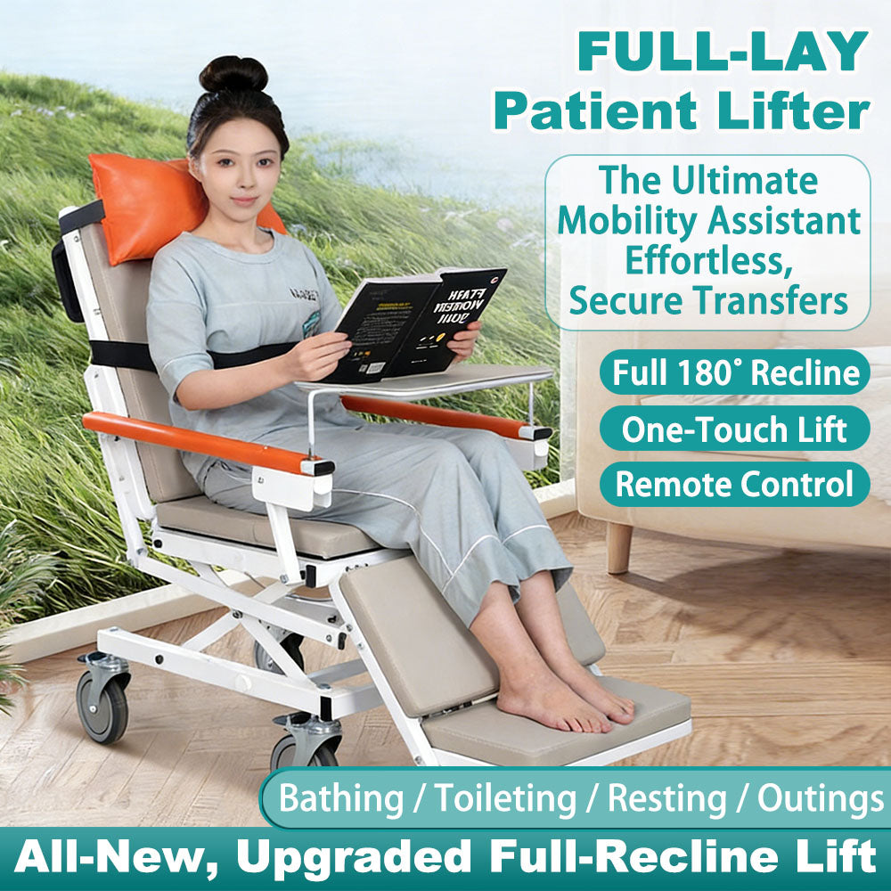 Woman reclining in the full-lay patient lifter on a grassy background, with call-outs for full 180-degree recline, one-touch lift and remote control, and use cases for bathing, toileting, resting and outings
