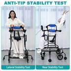 Two stability tests: a woman leaning sideways in the standing walker on the left, and a woman stretching backwards with arms raised on the right, both without the frame tipping