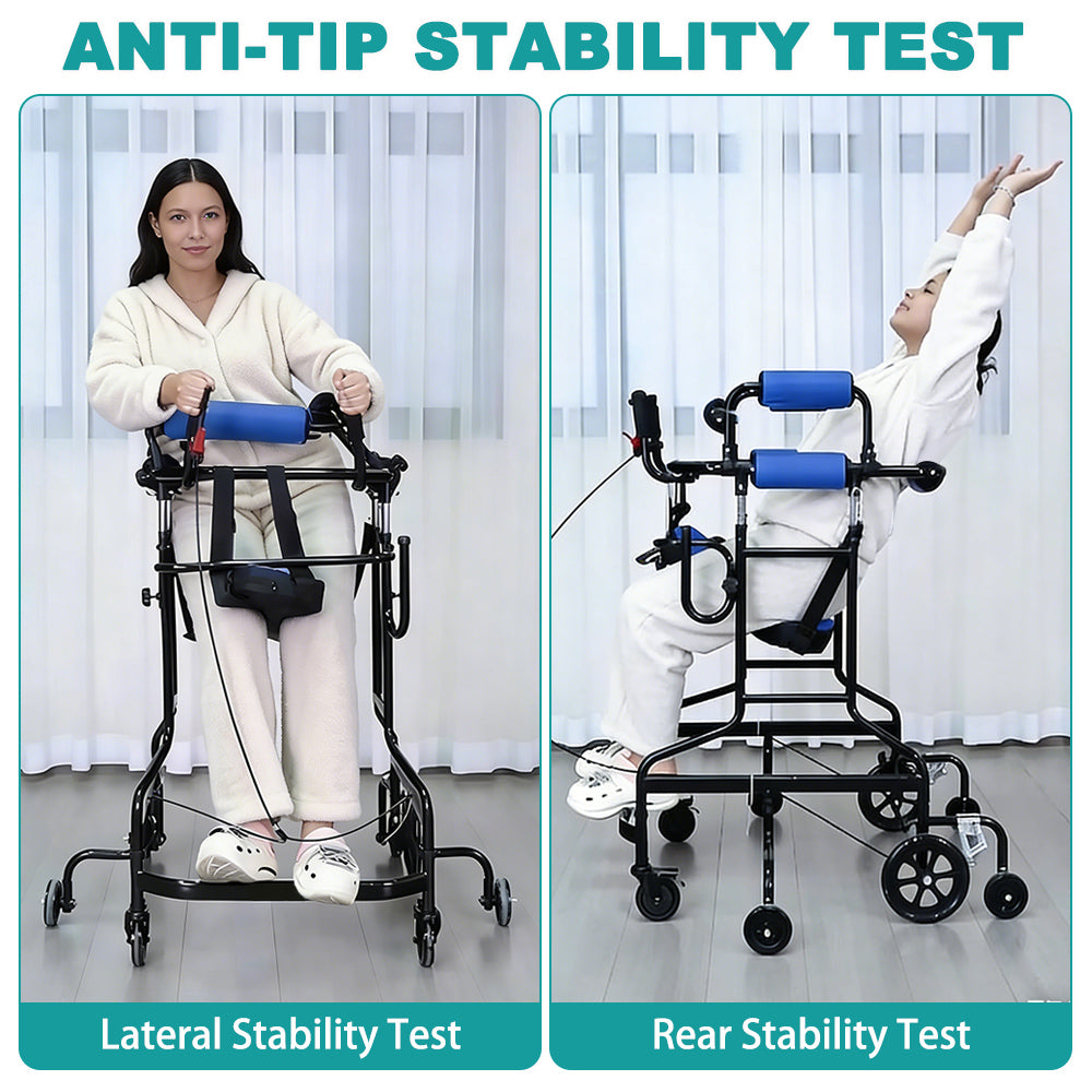 Two stability tests: a woman leaning sideways in the standing walker on the left, and a woman stretching backwards with arms raised on the right, both without the frame tipping
