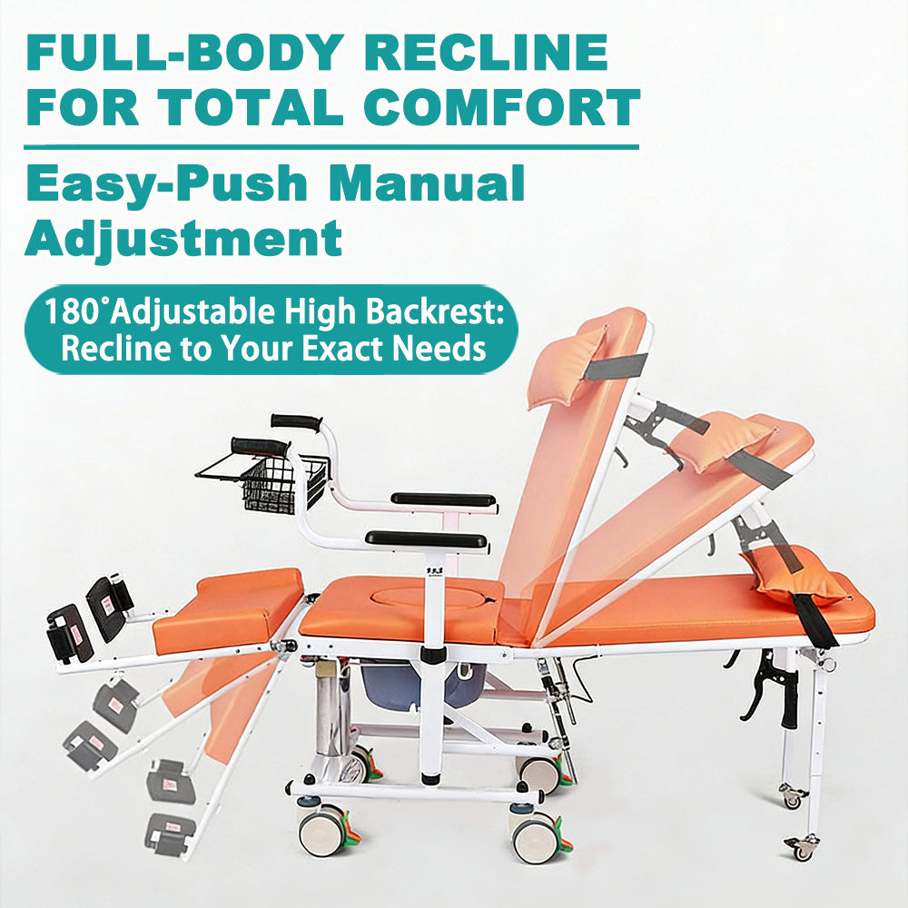 Side view showing the transfer chair's backrest and leg rest moving through multiple angles from upright to fully flat, illustrating 180-degree manual recline adjustment