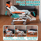Side view of the transfer chair reclining flat in a living room, with three smaller images showing 90-degree upright wheelchair mode, 135-degree relax position and 180-degree full recline