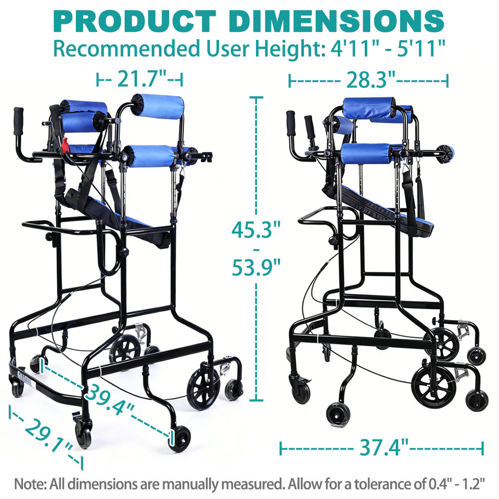 Dimension diagram of the standing walker for users 4 feet 11 inches to 5 feet 11 inches tall: height 45.3 to 53.9 inches, frame 21.7 inches wide by 39.4 inches long, overall base 28.3 by 37.4 inches
