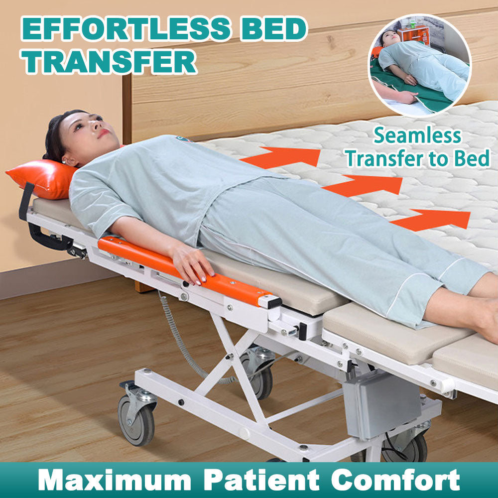 Woman lying flat on the fully reclined transfer machine positioned level with a mattress, with orange arrows showing the sideways slide across to the bed