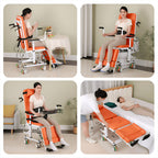 Four-panel grid of the orange transfer chair in use: eating at a dining table, seated upright over a commode, resting with the tray basket attached, and reclined flat beside a bed for patient transfer