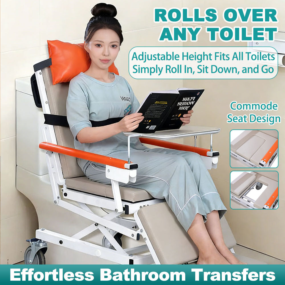 Woman seated in the transfer chair positioned over a toilet in a bathroom, with inset close-ups of the removable commode seat panel
