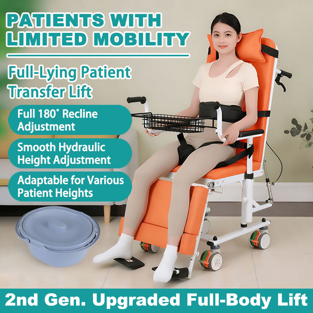Woman seated upright in the orange full-recline transfer chair with safety harness and leg supports, with the grey commode bucket shown in the foreground