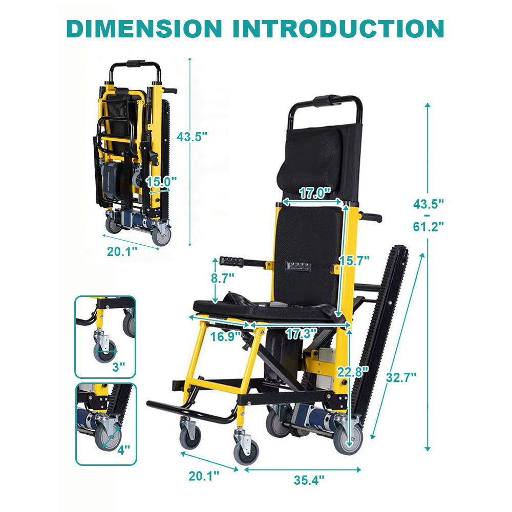 Combined dimension sheet showing the stair climbing wheelchair both folded and unfolded with all measurements and castor sizes labelled