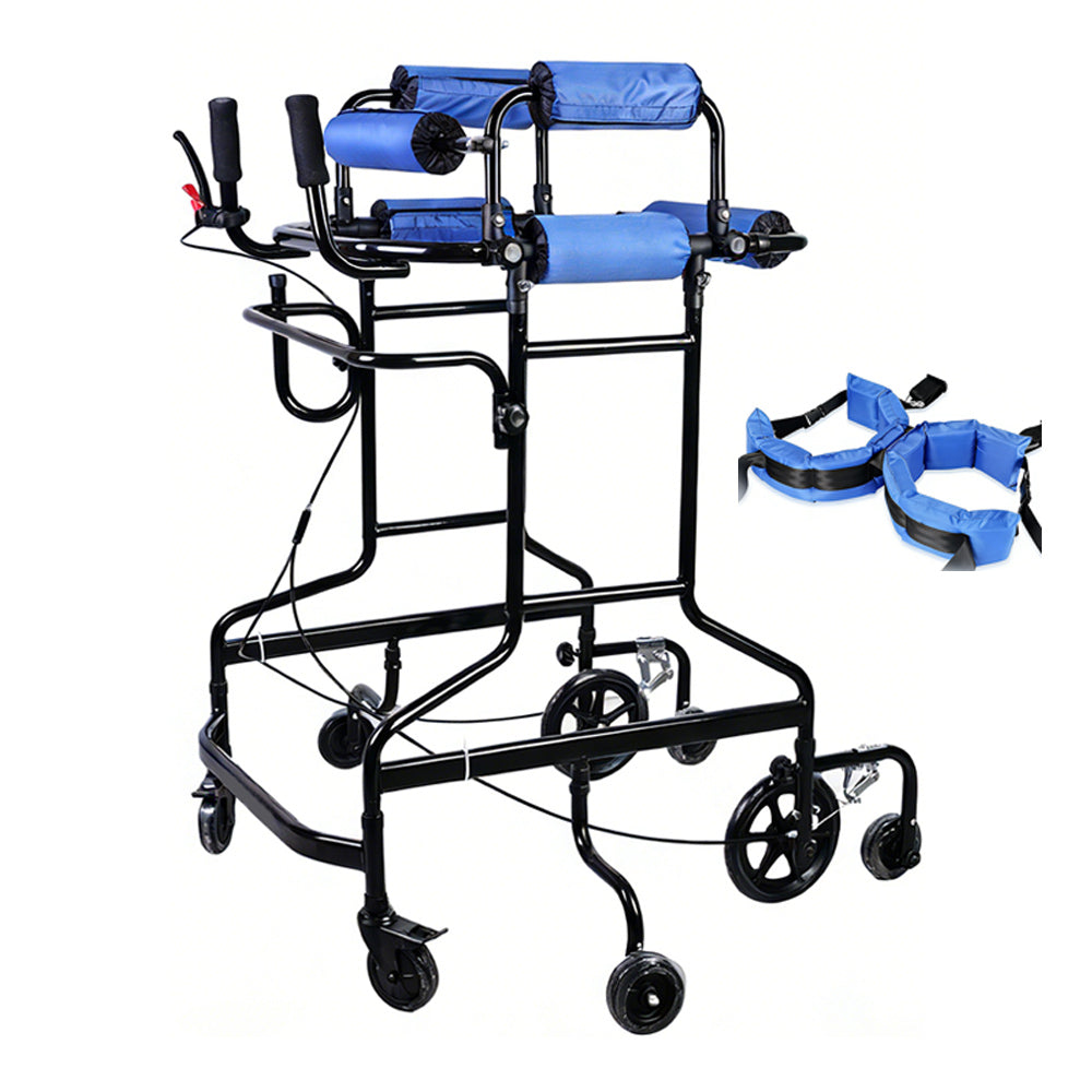 Standing walker viewed at an angle on a white background with the detachable men's suspension sling shown alongside