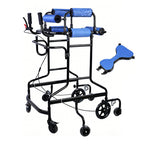 Standing walker viewed at an angle on a white background with the detachable women's contoured seat shown alongside