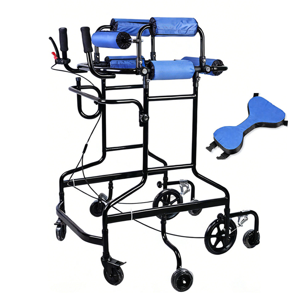 Standing walker viewed at an angle on a white background with the detachable women's contoured seat shown alongside
