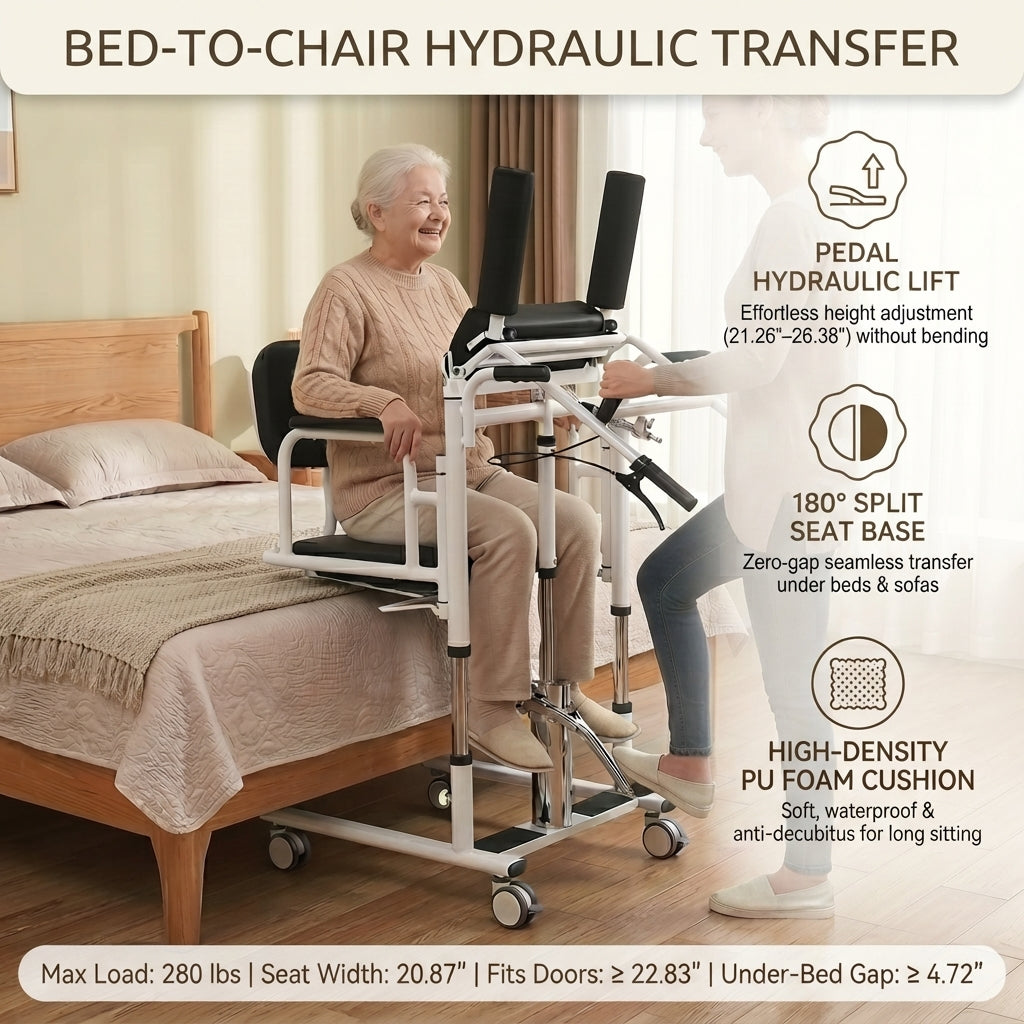 Hydraulic Patient Lift Chair for Elderly, 180° Split Seat Home Care Transfer Wheelchair with Commode, 280 lbs