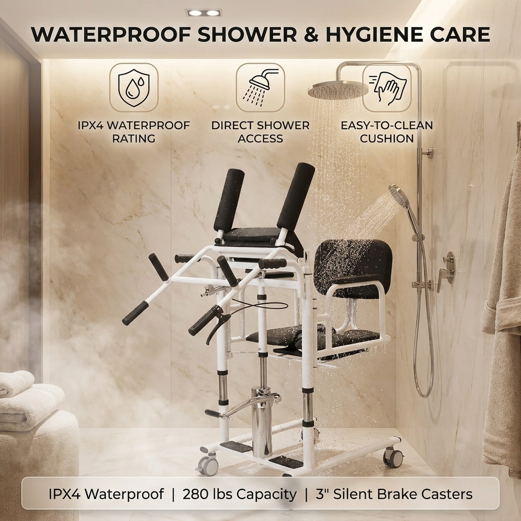 Hydraulic Patient Lift Chair for Elderly, 180° Split Seat Home Care Transfer Wheelchair with Commode, 280 lbs