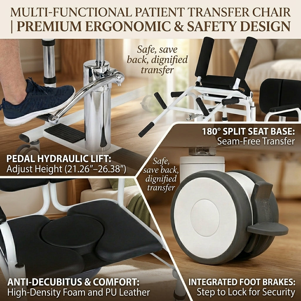 Hydraulic Patient Lift Chair for Elderly, 180° Split Seat Home Care Transfer Wheelchair with Commode, 280 lbs