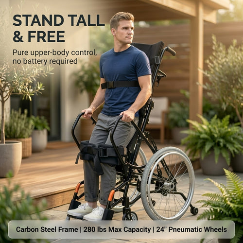Manual Standing Wheelchair for Paraplegia | Upper-Body Operated Stand-Up Mobility Aid, 280lbs Capacity, Custom Fit