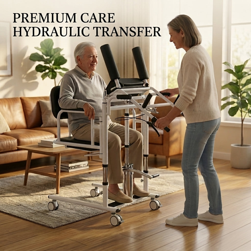 Hydraulic Patient Lift Chair for Elderly, 180° Split Seat Home Care Transfer Wheelchair with Commode, 280 lbs