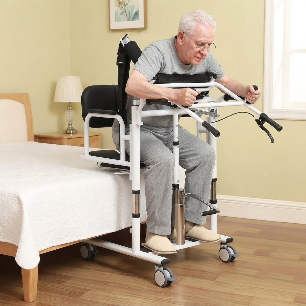 Hydraulic Patient Lift Chair for Elderly, 180° Split Seat Home Care Transfer Wheelchair with Commode, 280 lbs