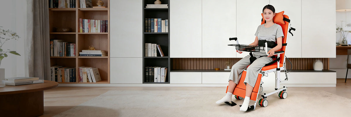 Woman seated in the orange full-recline transfer chair with tray basket attached, in a bright living room with built-in bookshelves