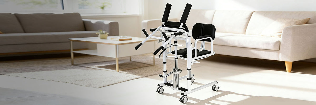 Hydraulic patient lift chair with raised leg supports standing on a rug in a sunlit living room between two sofas