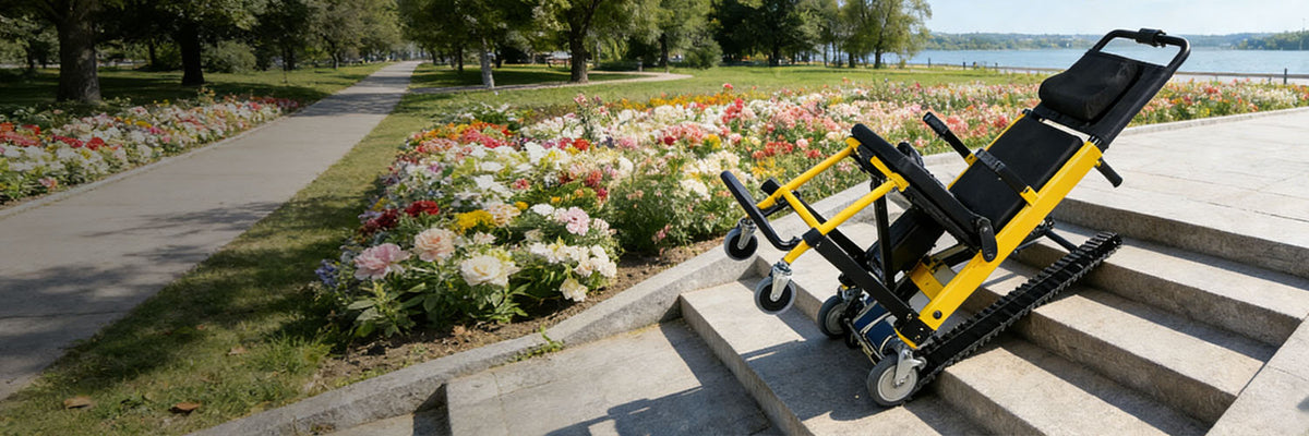 Yellow stair climbing wheelchair descending stone steps in a park beside a flower bed and lake