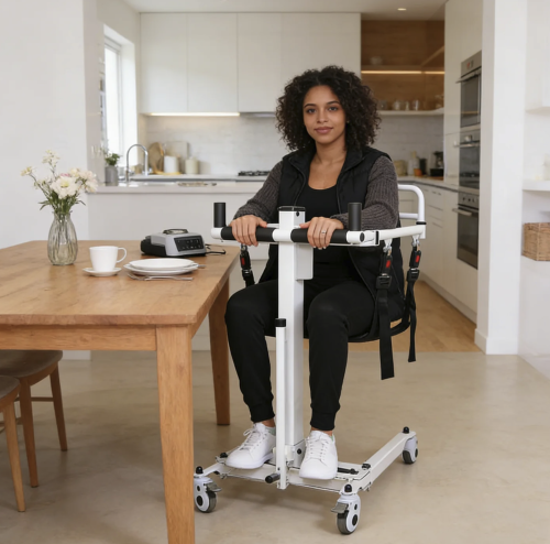 Woman using the white portable electric patient lift in a bright modern kitchen next to a wooden dining table